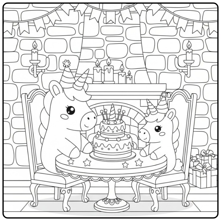 Unicorn Birthday Cake in Castle for a Magical Party coloring page