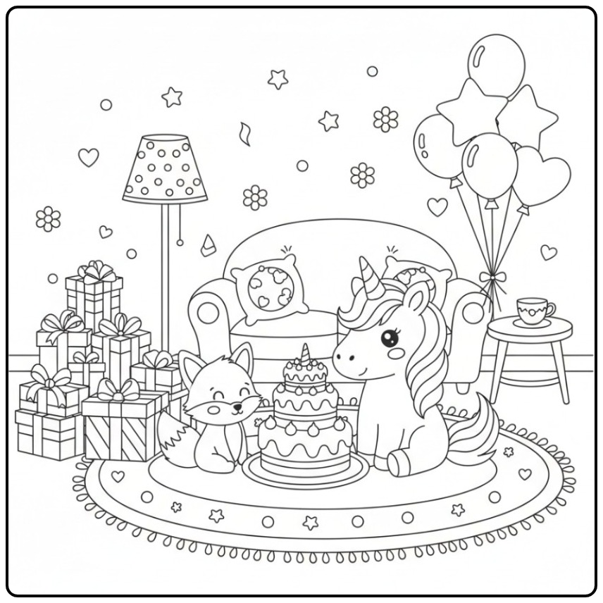 Unicorn Birthday Cake with Balloons and Gifts Fun coloring page
