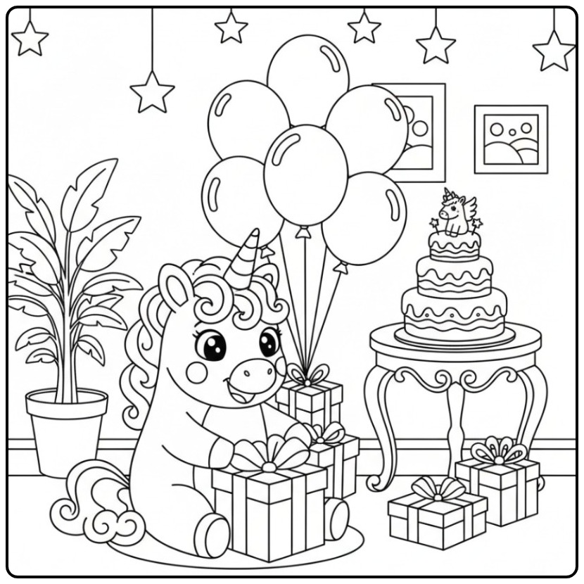Unicorn Birthday Cake with Balloons and Gifts coloring page