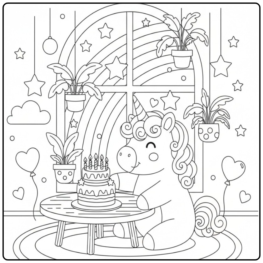 Unicorn Birthday Cake with Rainbow a Magical Party coloring page