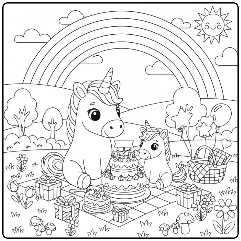 Unicorn Birthday Cake with Rainbow Unicorns Celebrating coloring page