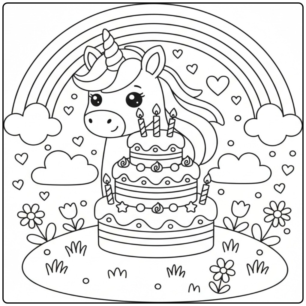 Unicorn Birthday Cake with Rainbow Full of Magic coloring page