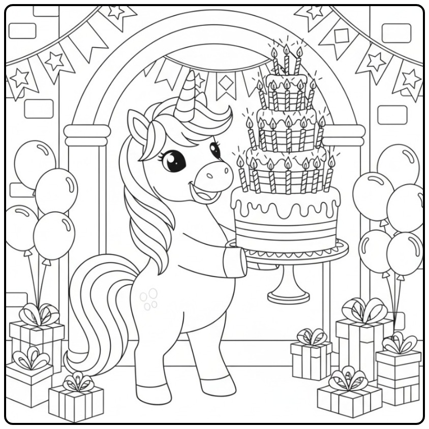 Unicorn Cake with Many Sparkling Birthday Candles Gifts coloring page