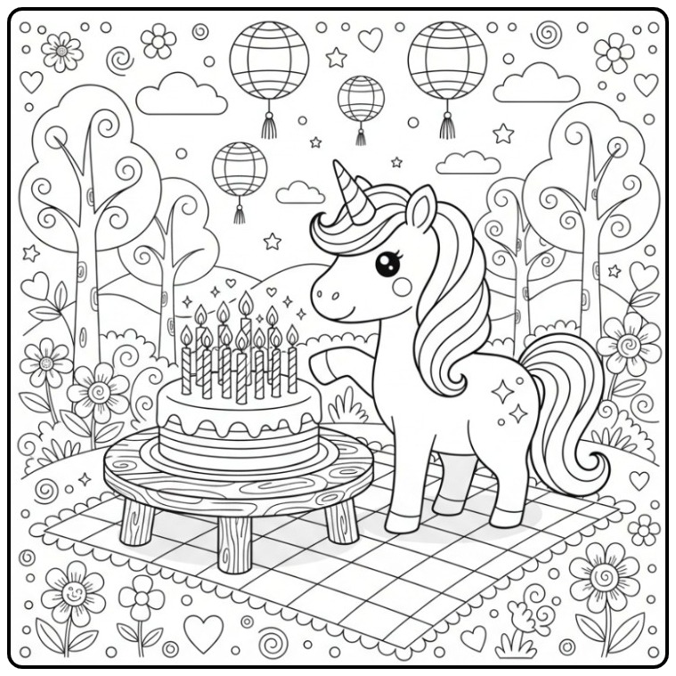 Unicorn Cake with Many Sparkling Birthday Candles Festive Moment coloring page