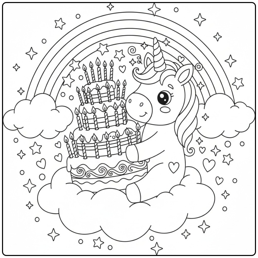 Unicorn Cake Many Sparkling Birthday Candles with Rainbow coloring page