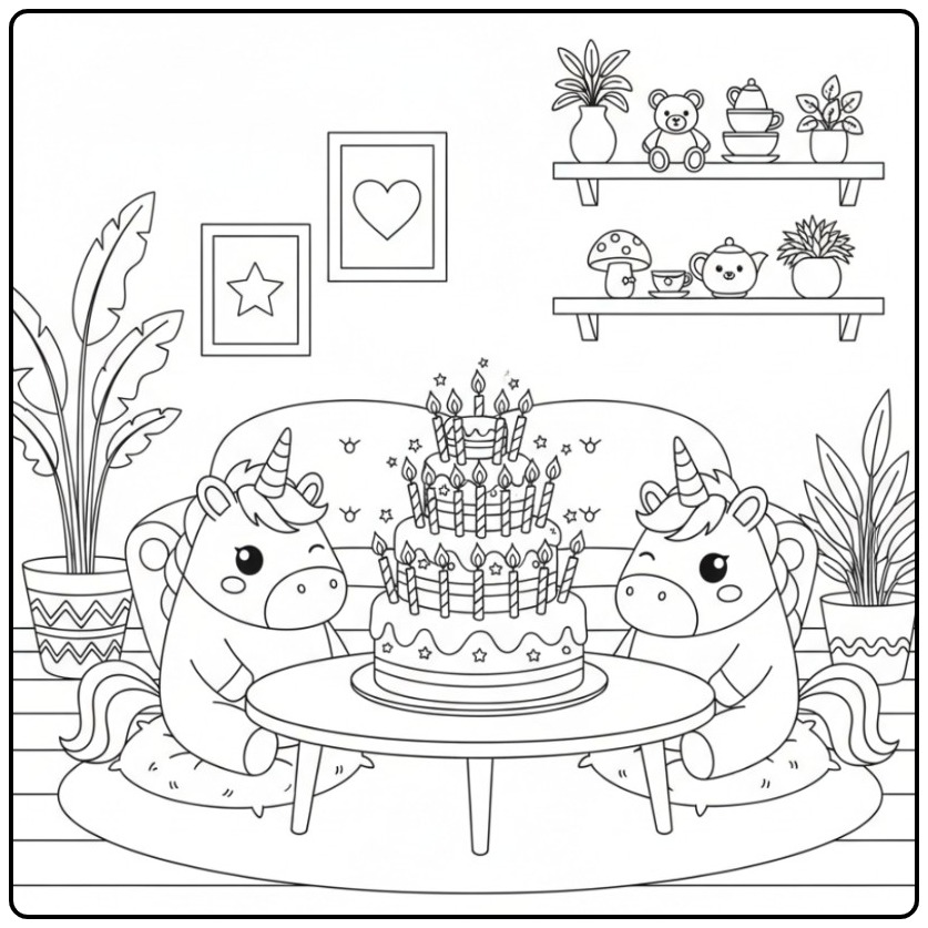Unicorn Cake with Many Sparkling Birthday Candles Perfect coloring page