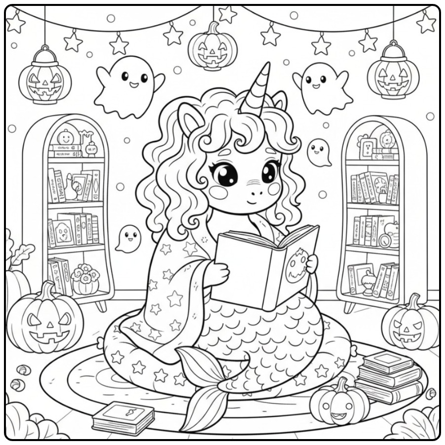 Unicorn Mermaid Halloween with Cute Little Ghosts coloring page