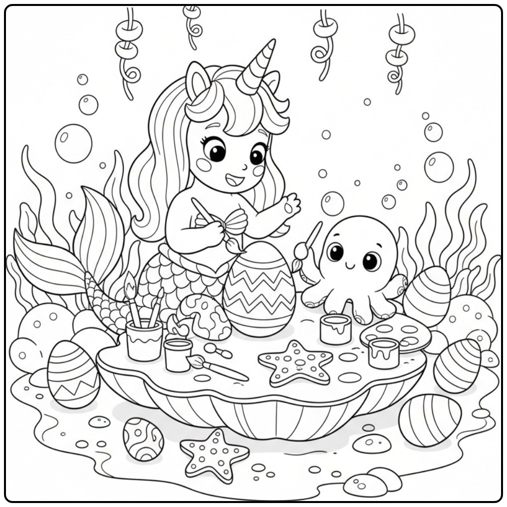 Unicorn Mermaid with Eggs Easter and a Friend coloring page