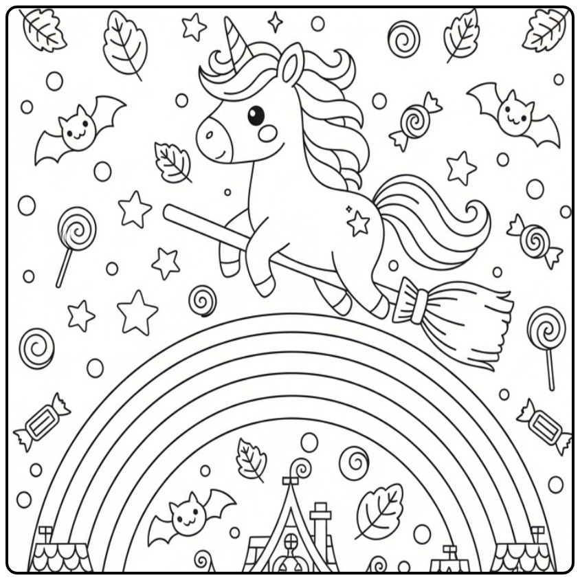 A Unicorn and Rainbow with Halloween Is Fun coloring page