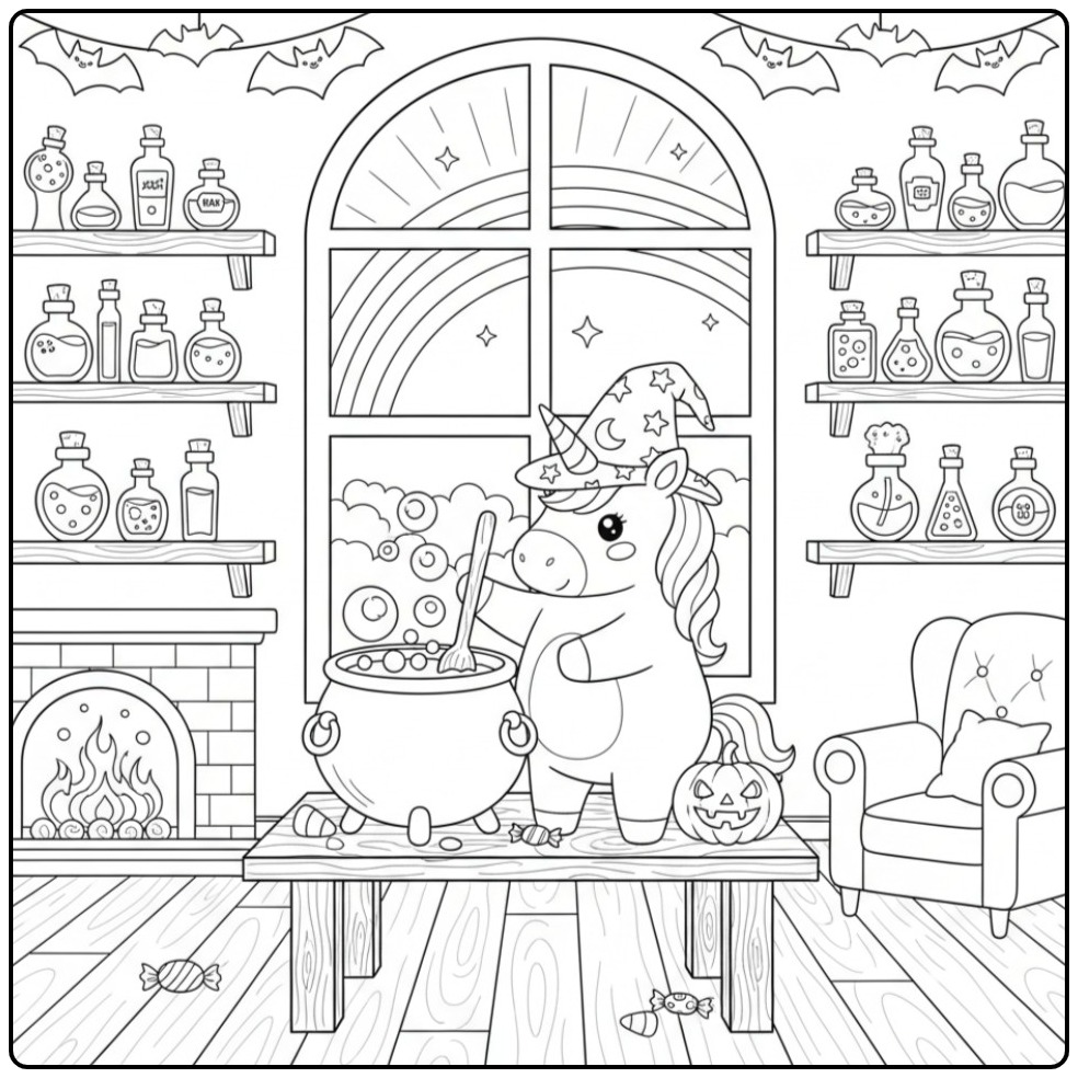 A Unicorn and Rainbow with Halloween Magical coloring page