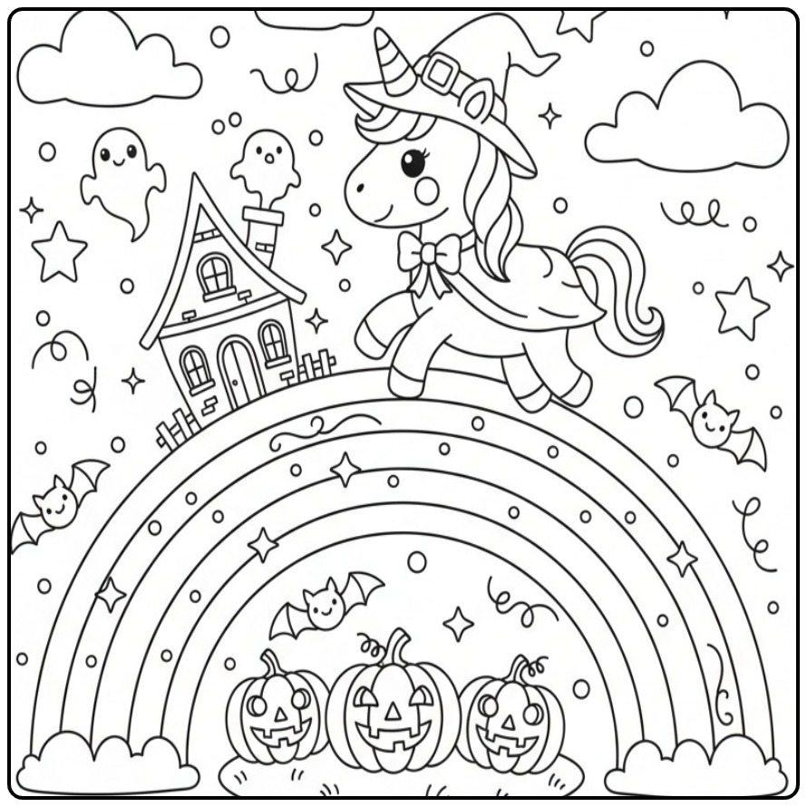 A Unicorn and Rainbow with Halloween Drawing Fun coloring page