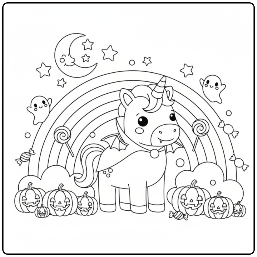 A Unicorn and Rainbow with Halloween Theme coloring page