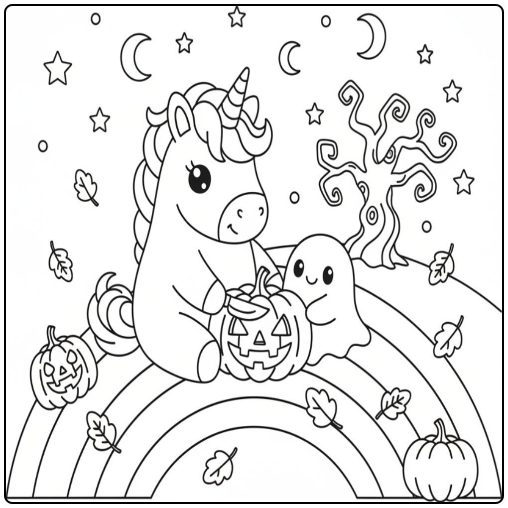 A Unicorn and Rainbow with Halloween for Kids coloring page