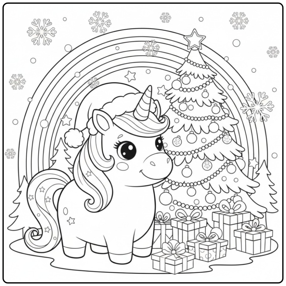 A Unicorn and Rainbow with Christmas Color Fun coloring page
