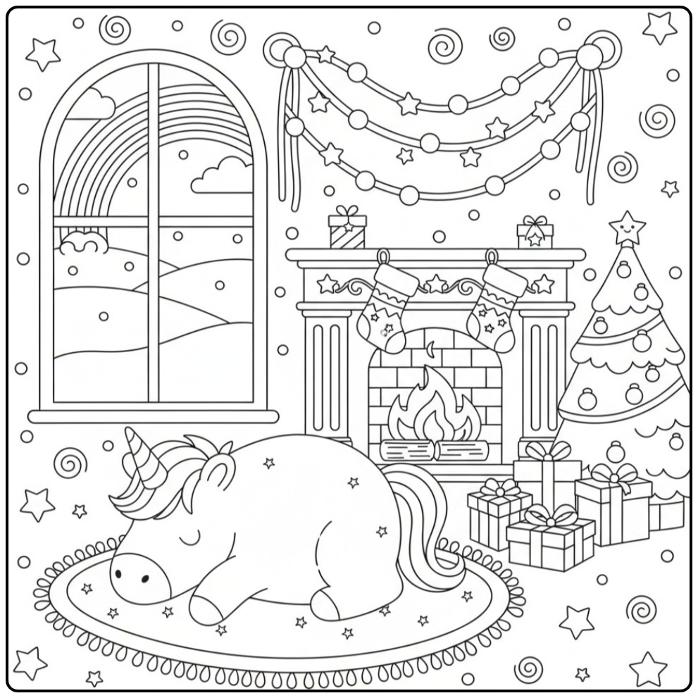 A Unicorn and Rainbow with Christmas Magical Winter coloring page
