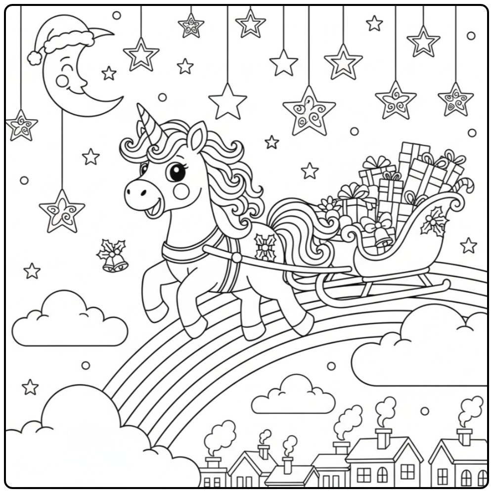 A Unicorn and Rainbow with Christmas coloring page