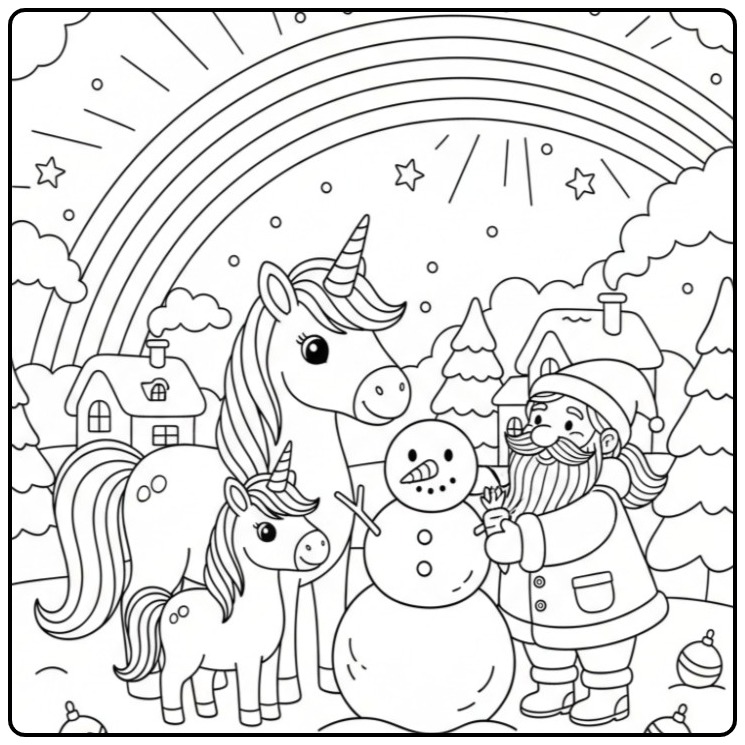 A Unicorn and Rainbow with Christmas Winter Fun coloring page