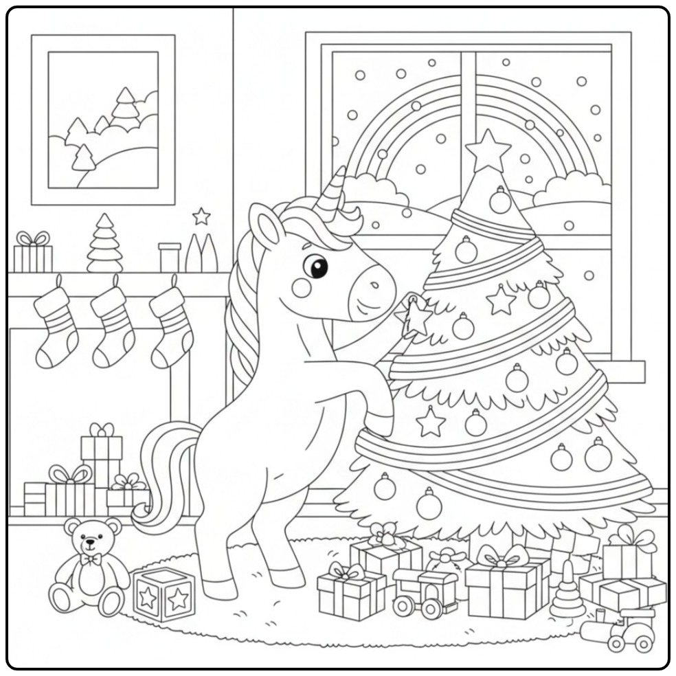 A Unicorn and Rainbow with Christmas coloring page