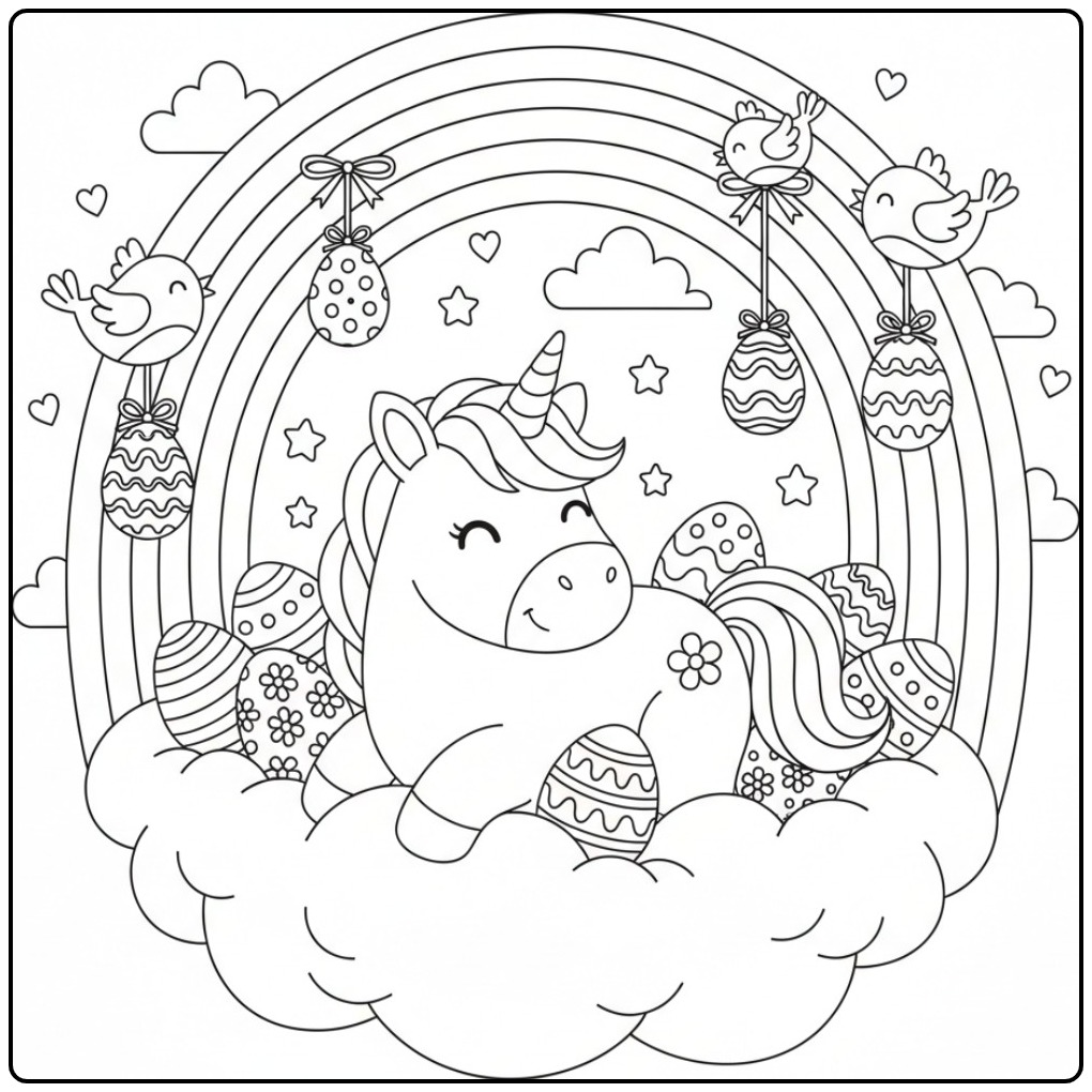 A Unicorn and Rainbow with Easter Picture coloring page