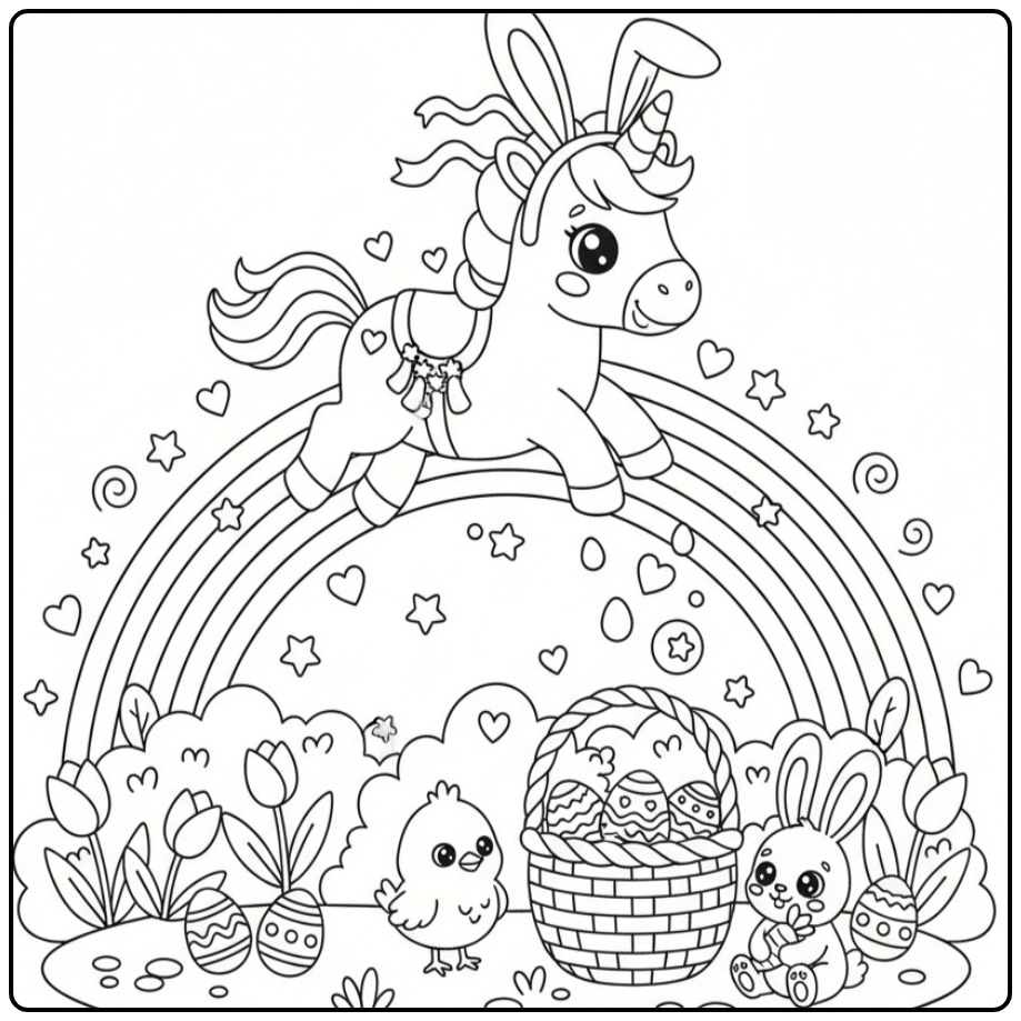 A Unicorn and Rainbow with Easter Celebration coloring page