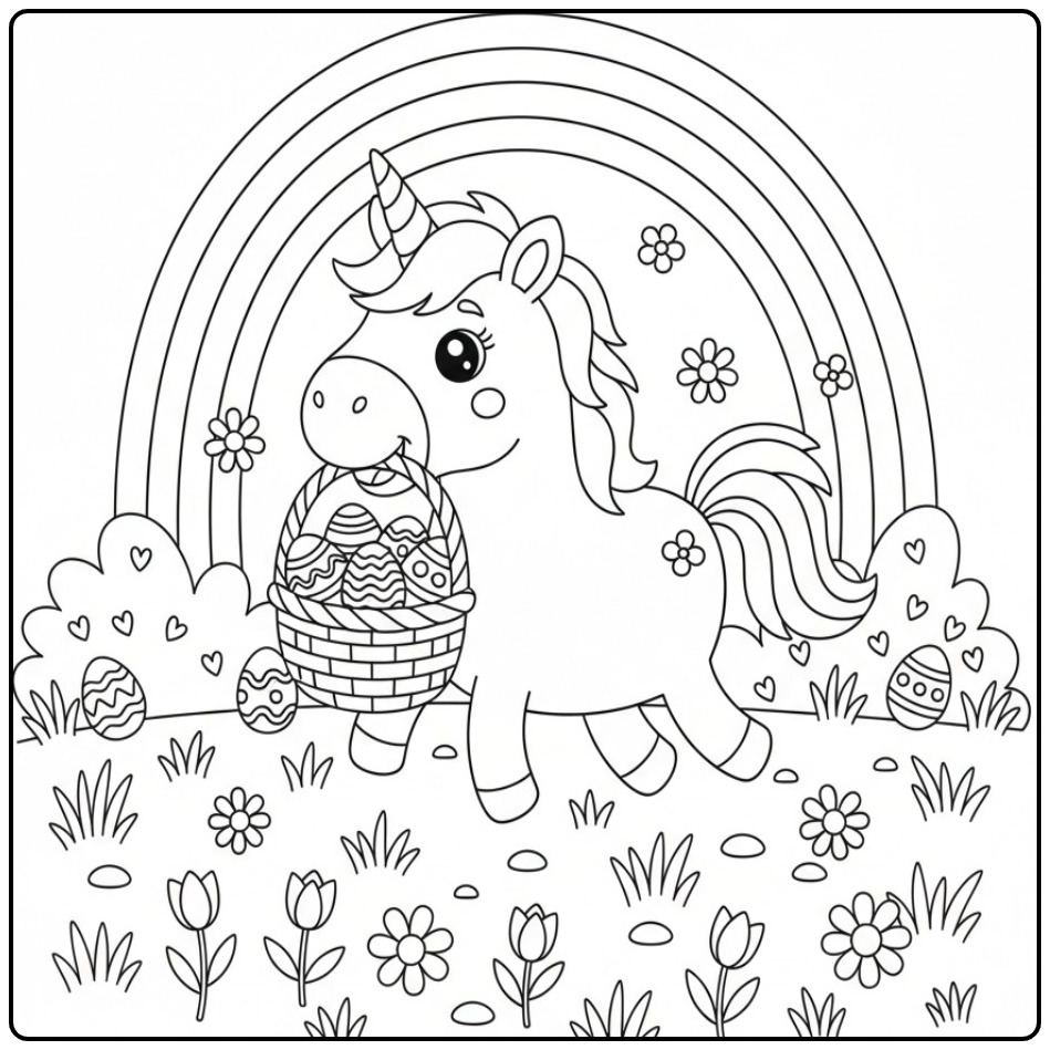 A Unicorn and Rainbow with Easter for Children coloring page