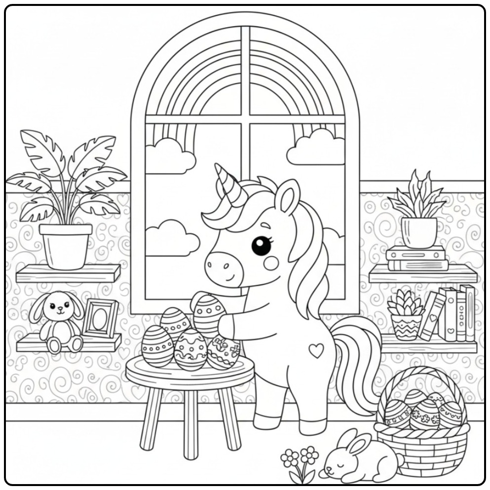 A Unicorn and Rainbow with Cheerful Easter coloring page