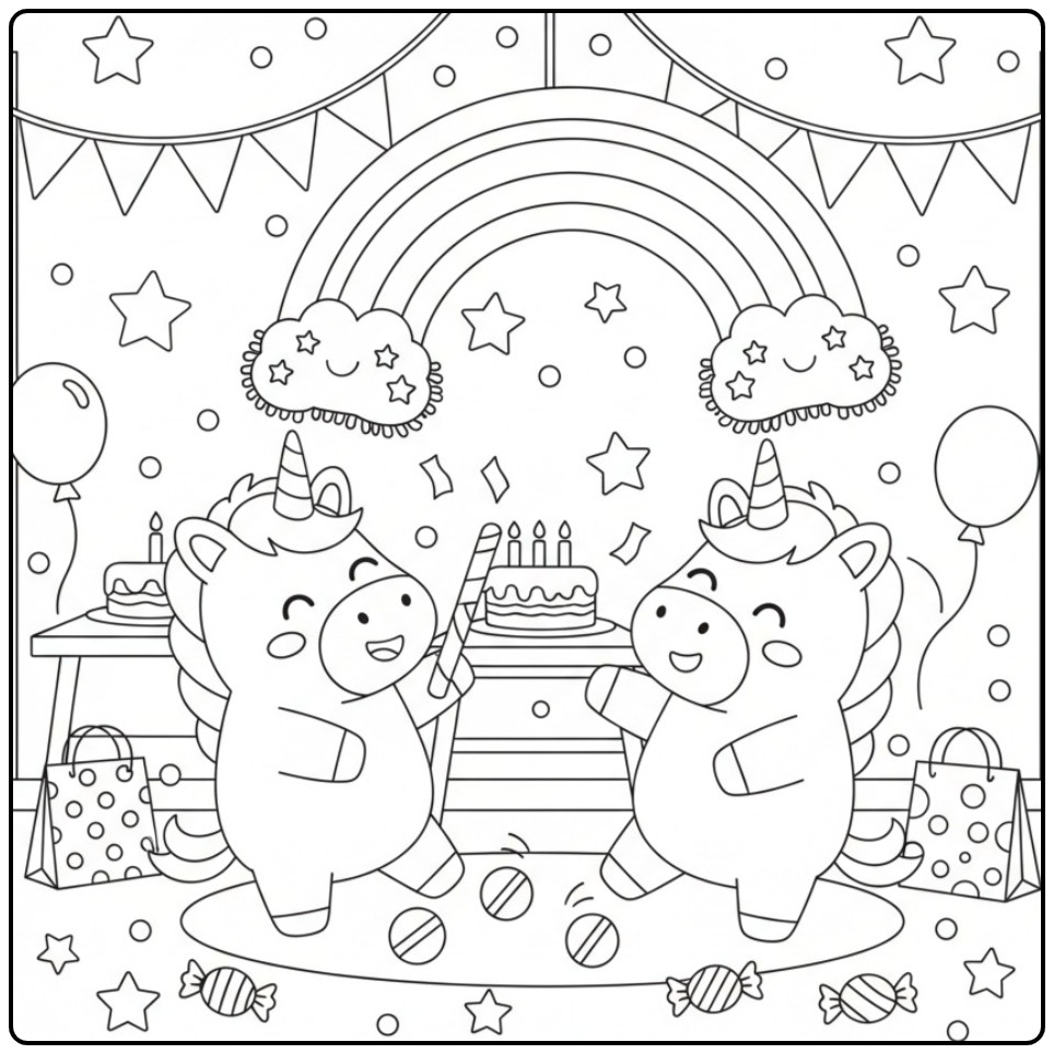 Unicorn and Rainbow on a Birthday Party 1 coloring page