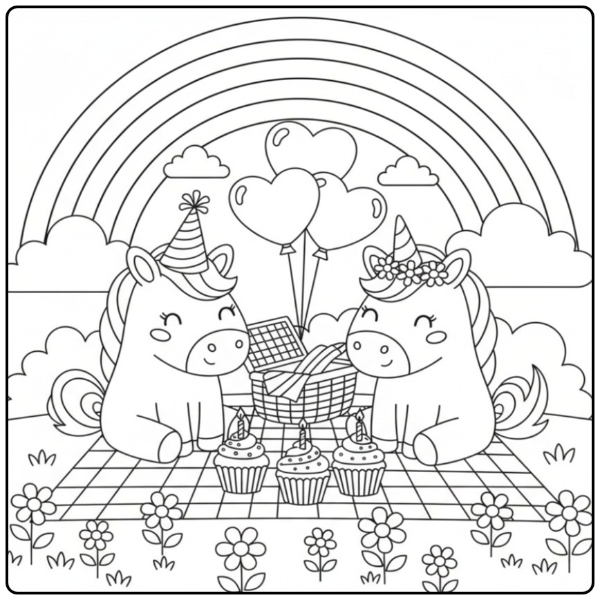 Unicorn and Rainbow on a Birthday Party coloring page