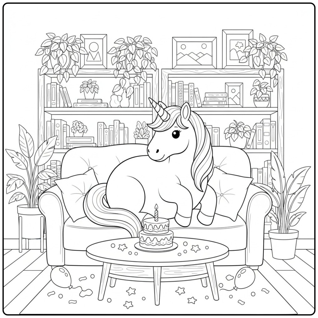 A Birthday Cake Unicorn with Party coloring page