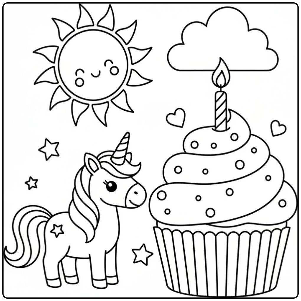 Birthday Cake Unicorn and Cupcake coloring page