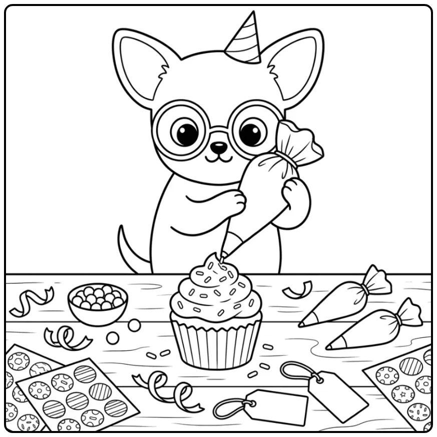 Birthday Puppy Chihuahua Decorating a Cupcake coloring page