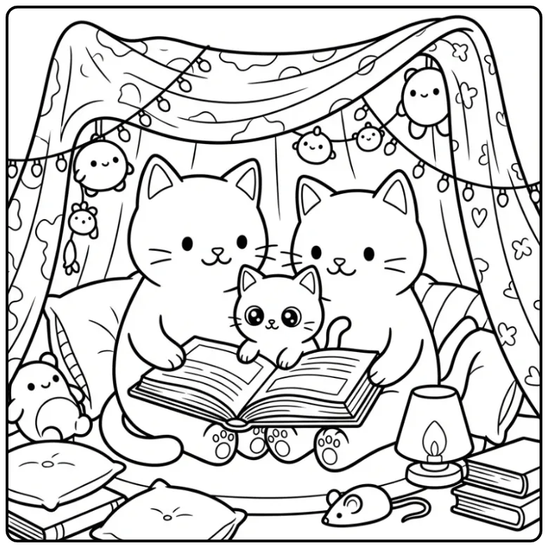 Cozy Cat, Kitten, and Book in a Tent coloring page