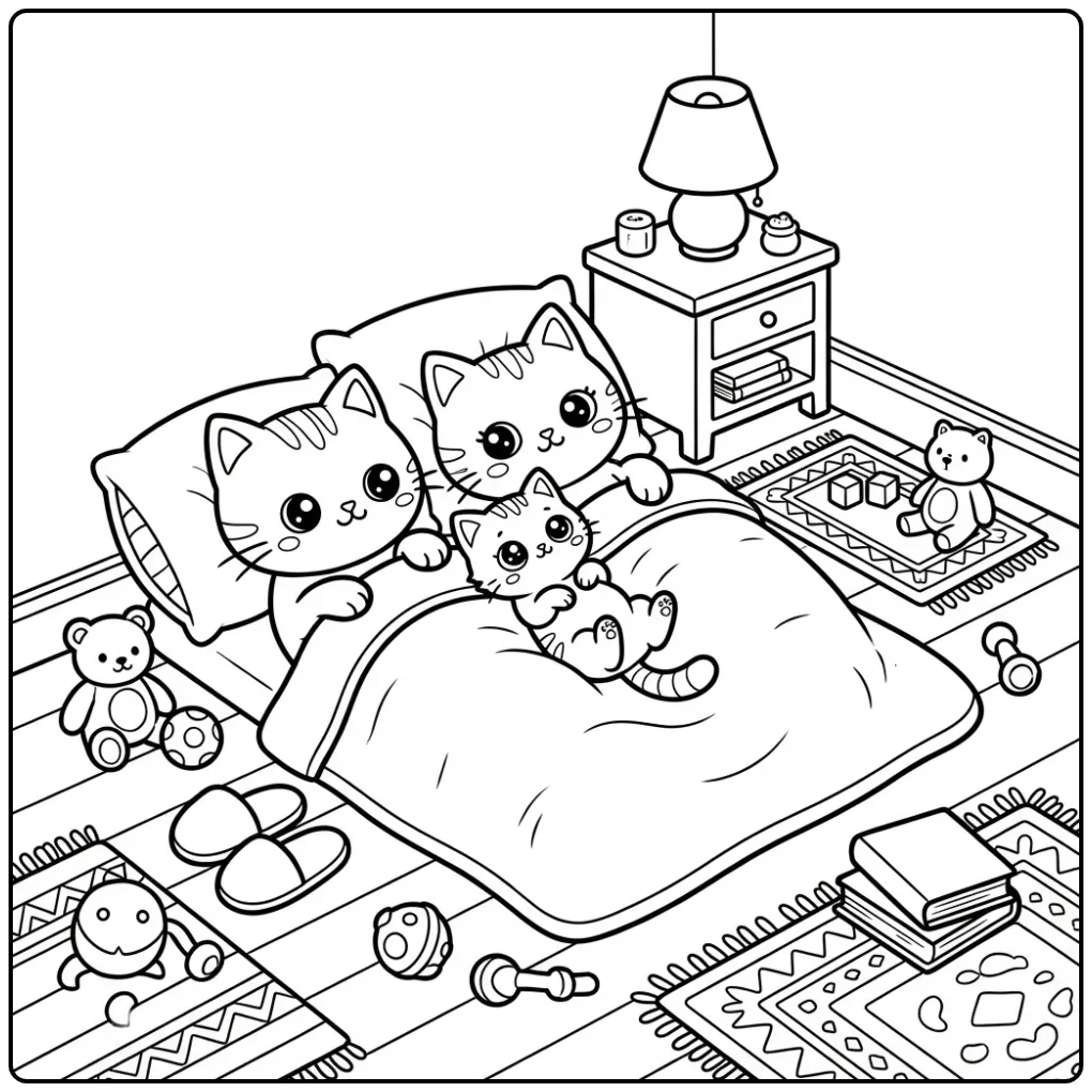 Cozy Cat and Kitten in a Sleeping Bag coloring page