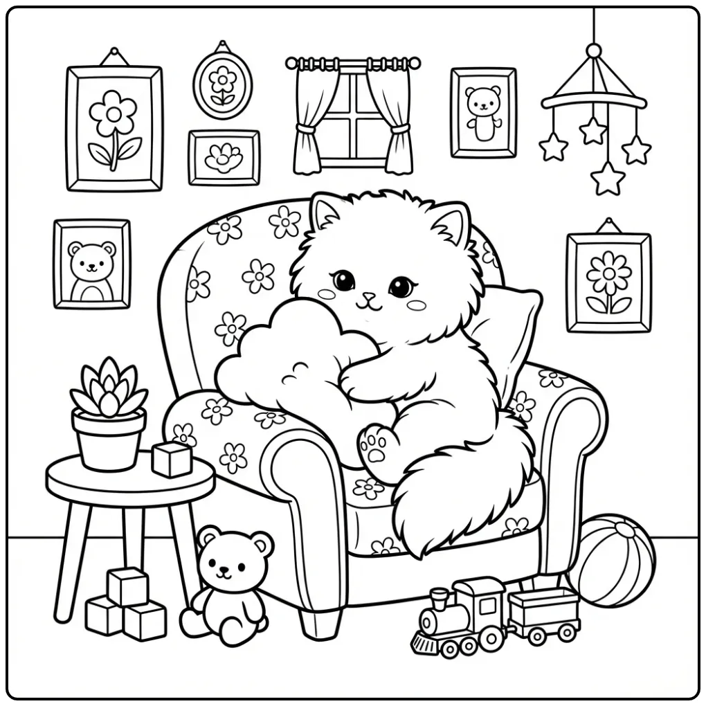 Cozy Cute Kitten in the Living Room coloring page