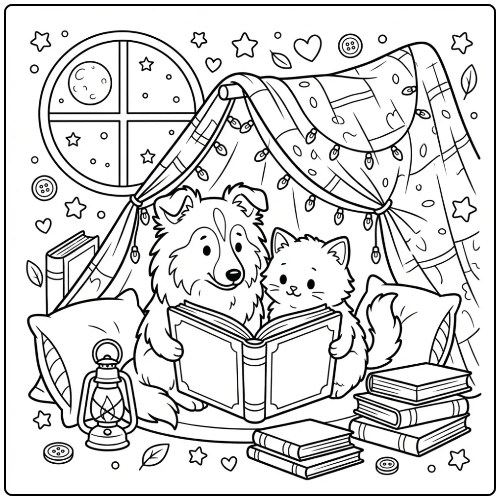 Sheltie Puppy and Kitten Reading in a Blanket Tent coloring page