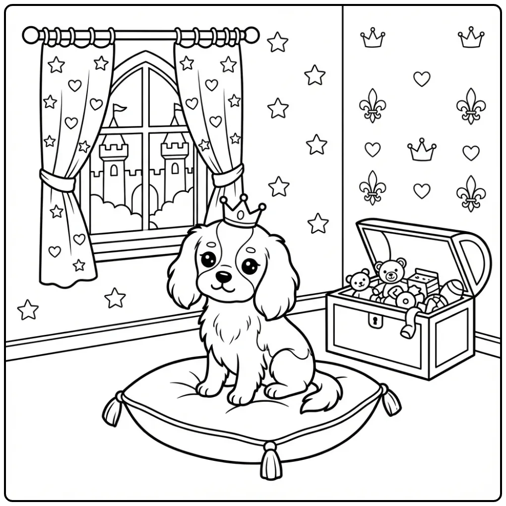 Royal Puppy with Crown and Toy Box coloring page