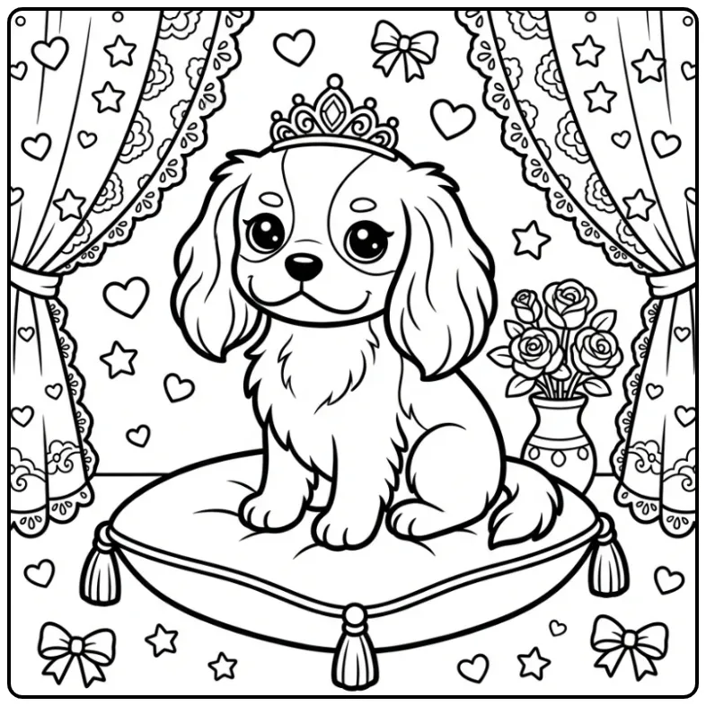 Royal Cute Puppy with Tiara and Roses coloring page