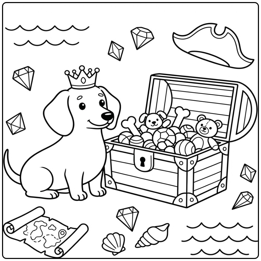 Royal Dachshund Finding a Pirate Treasure coloring page