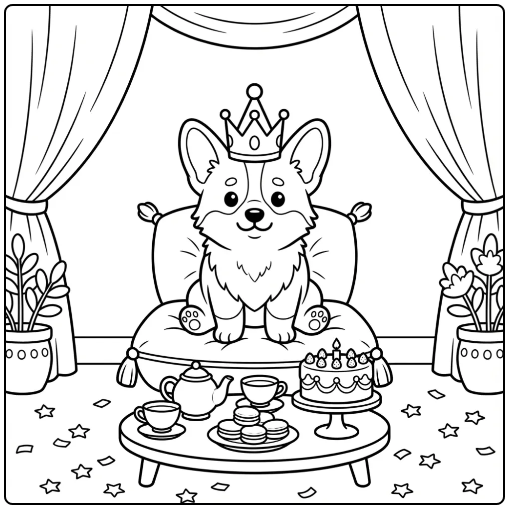 Royal Corgi Birthday Puppy with Tea and Cake coloring page