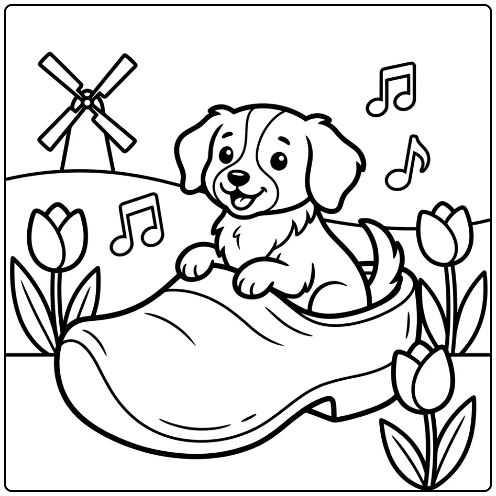 Kooikerhondje Resting in a Wooden Shoe with Tulips coloring page