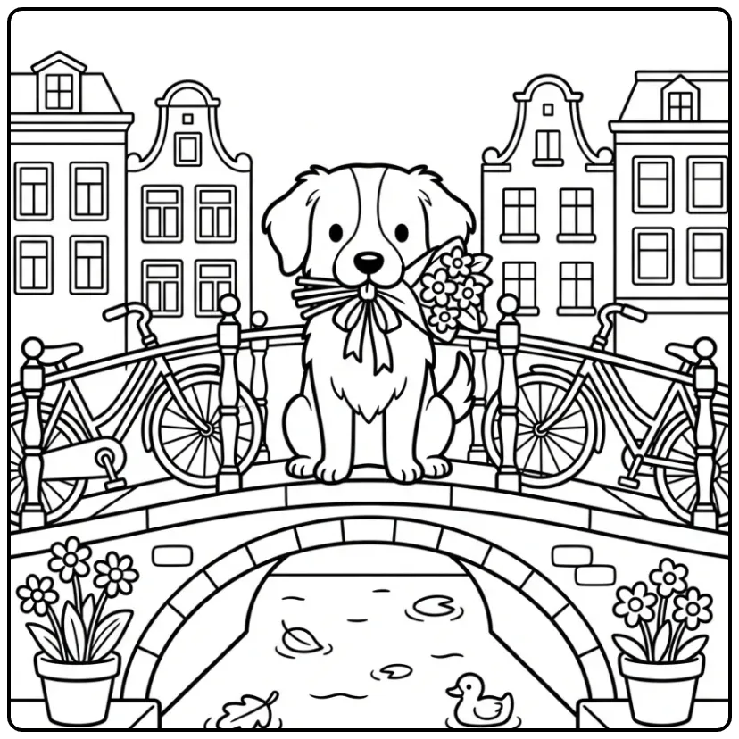 Kooikerhondje Holding Flowers on an Amsterdam Bridge coloring page