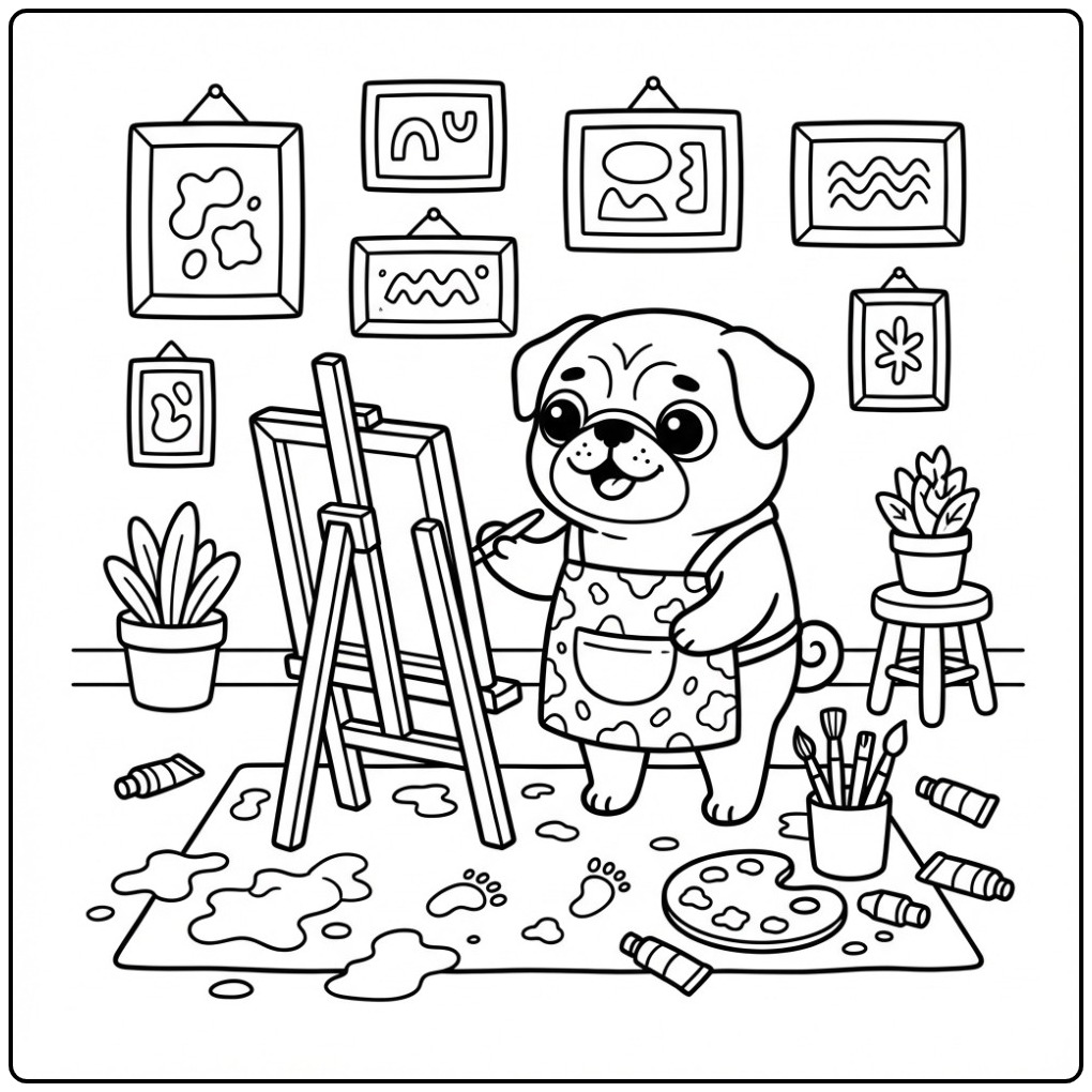 Artistic Pug at the Painting Is coloring page