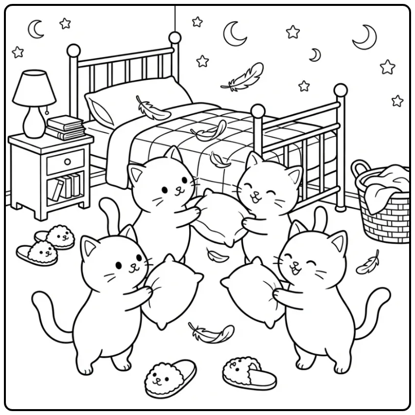Cute Kittens Pillow Fight coloring page