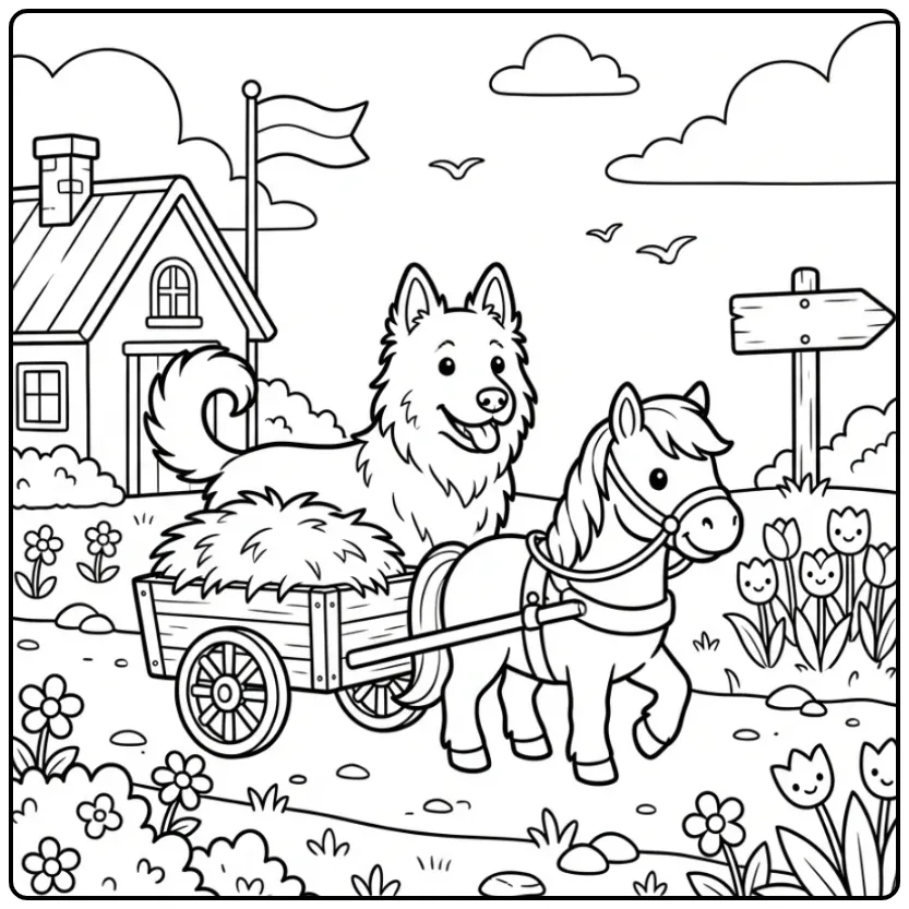 Shepherd Dog Leading a Pony Cart in the Countryside coloring page