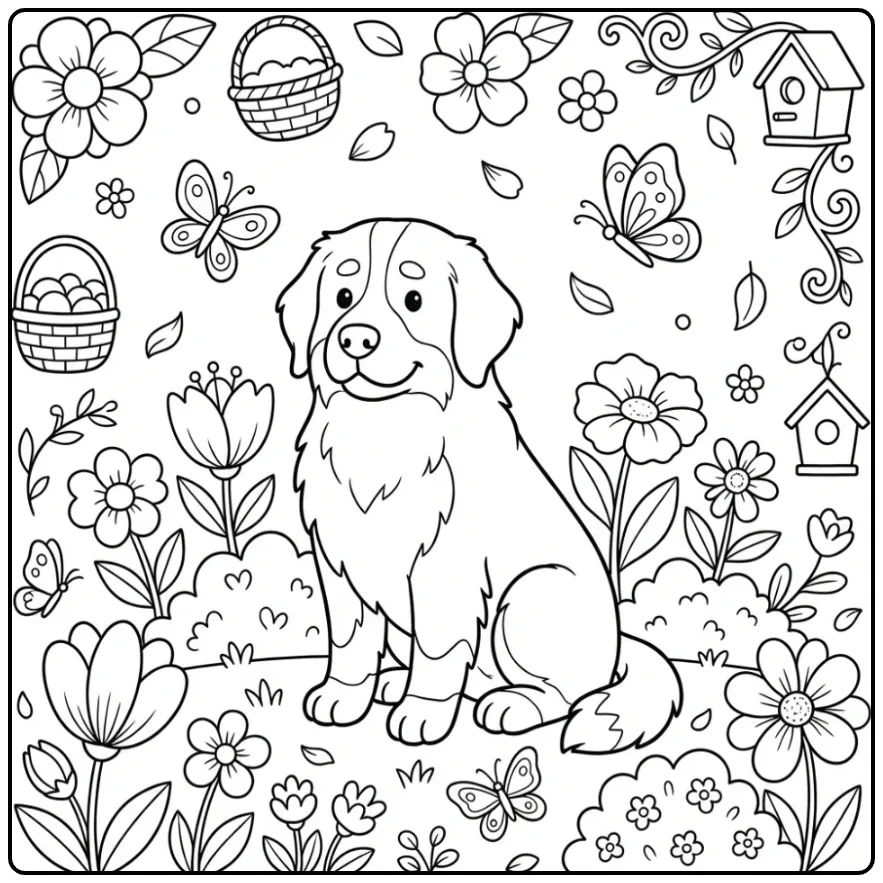 Spring Cute Dog with Butterflies and Blossoms coloring page