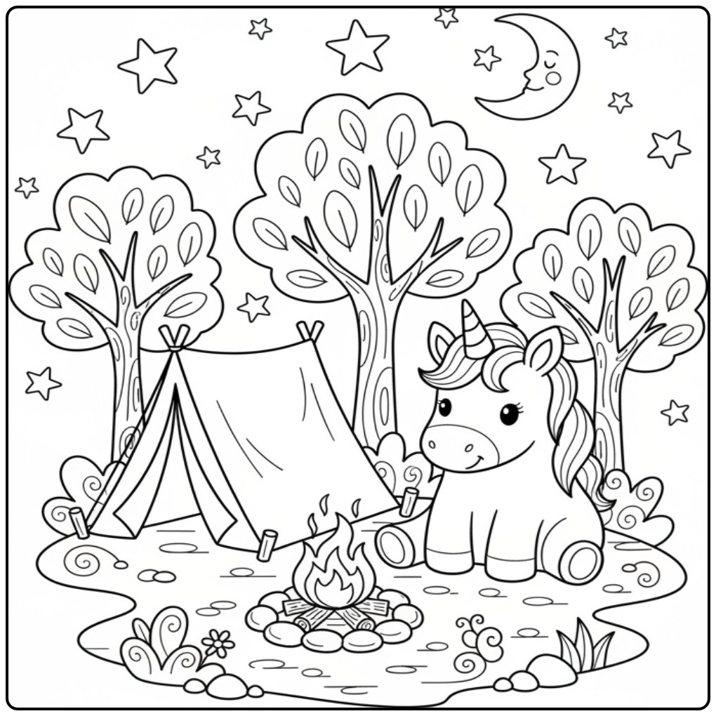 Fun Baby Unicorn Camping in the Forest S at Night coloring page