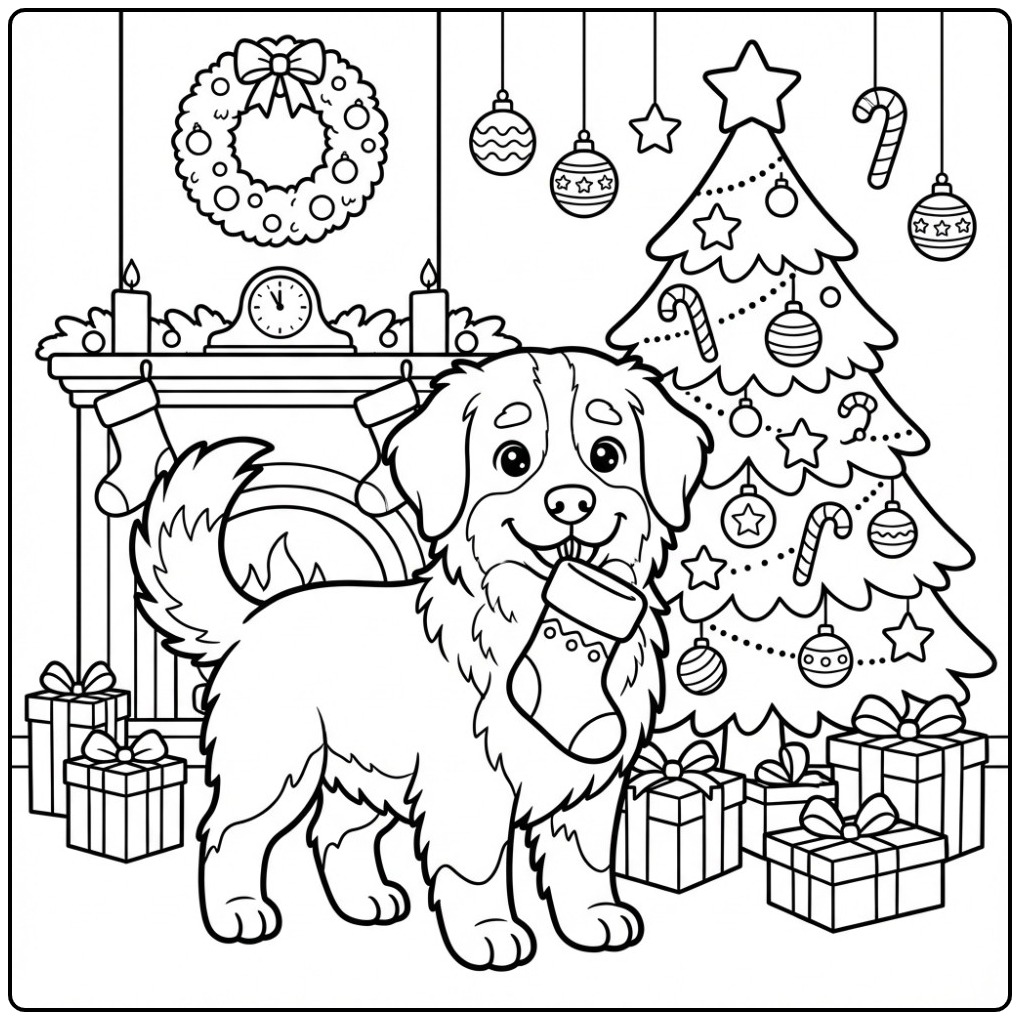 Bernese Mountain Dog by a Christmas Tree coloring page
