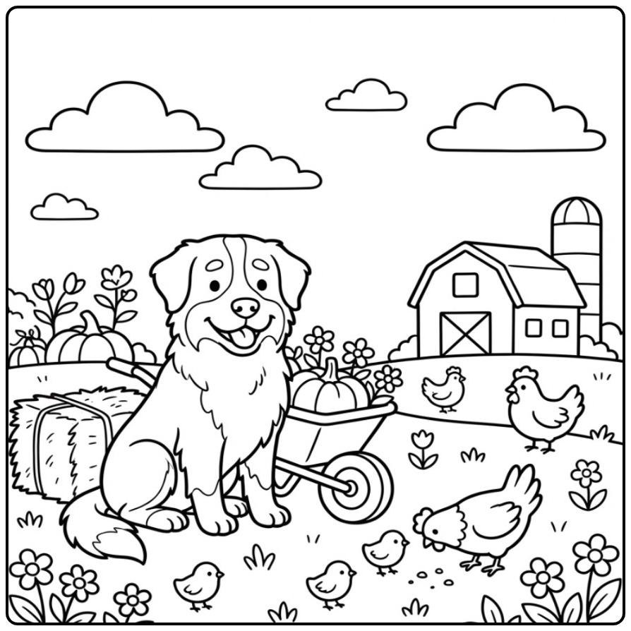 Bernese Mountain Dog on a Farm with Chickens coloring page