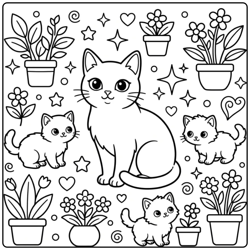 Fun Cartoon Cat with Kittens for Children coloring page