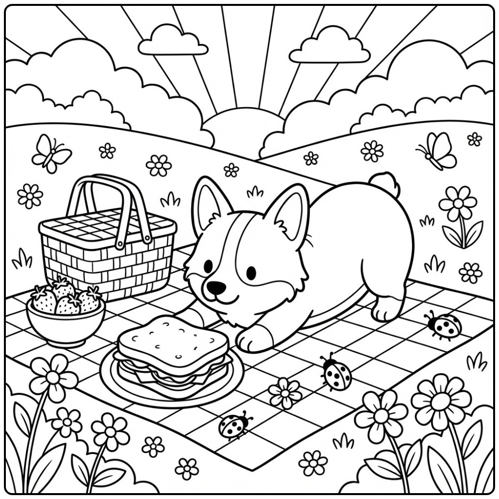 Corgi Picnic in the Park coloring page
